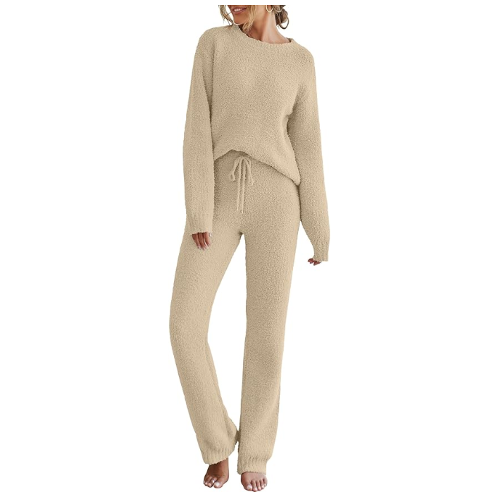 Merokeety Fuzzy Fleece Long Sleeve 2 Piece Loungewear Set